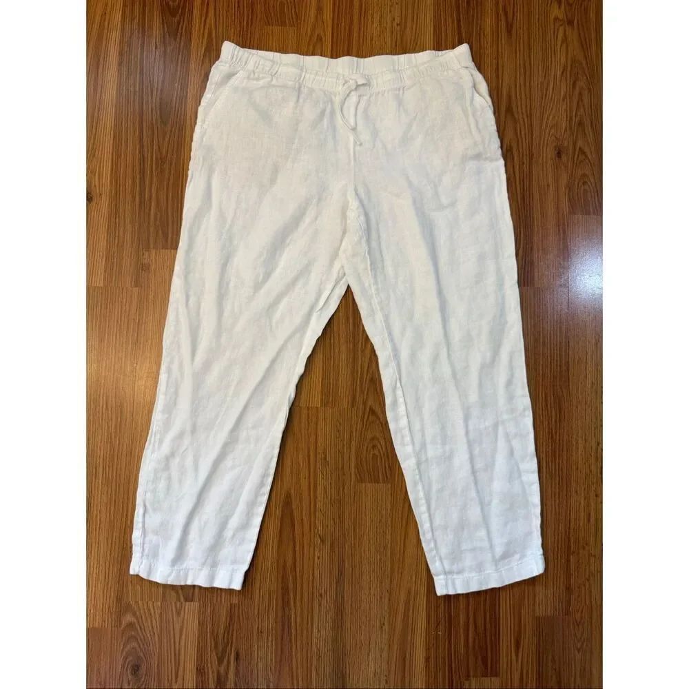 J. Jill Women's Love Linen Elastic Waist Drawstring Cropped Pants White Large